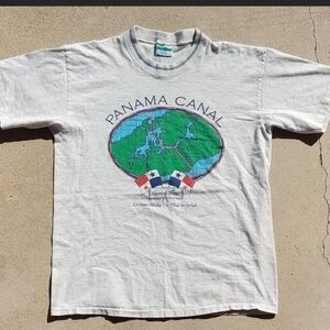 Vintage 1990s Panama Canal Souvenir Print Tee Large Made in USA Retro 90s